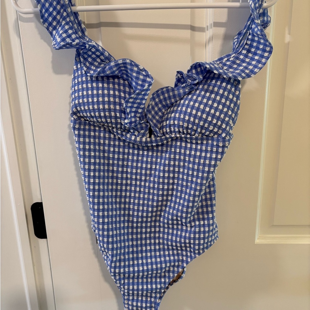 J Crew Blue Gingham One-Piece Swimsuit